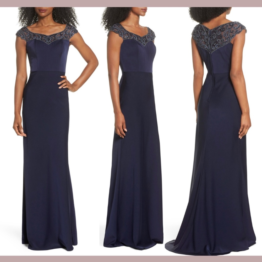 NWT $538 La Femme‎ [SZ 8 ] Beaded Column Gown in Navy Blue